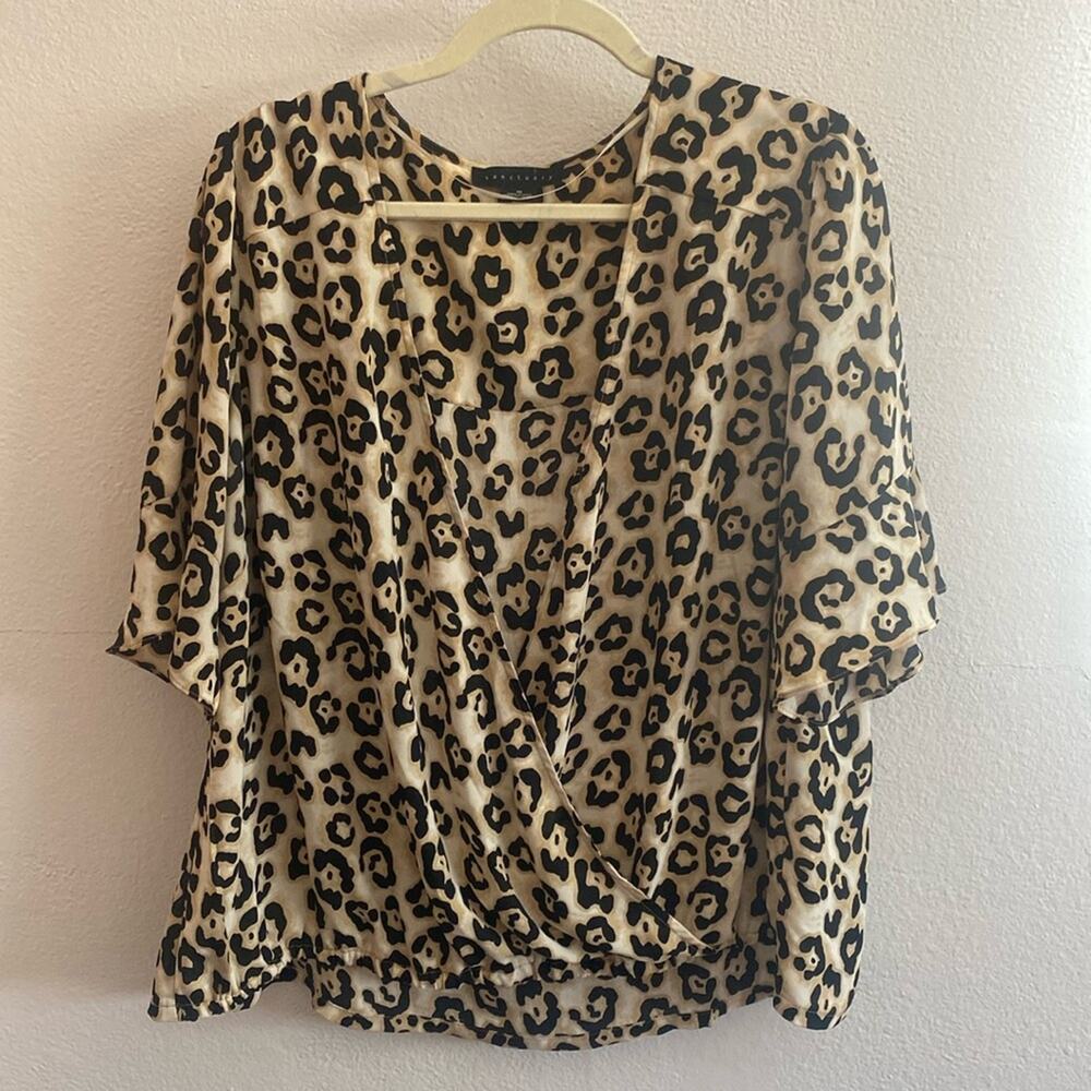 Sanctuary Womens Cheetah Top V Neck Short Sleeves Printed Elastic 1X